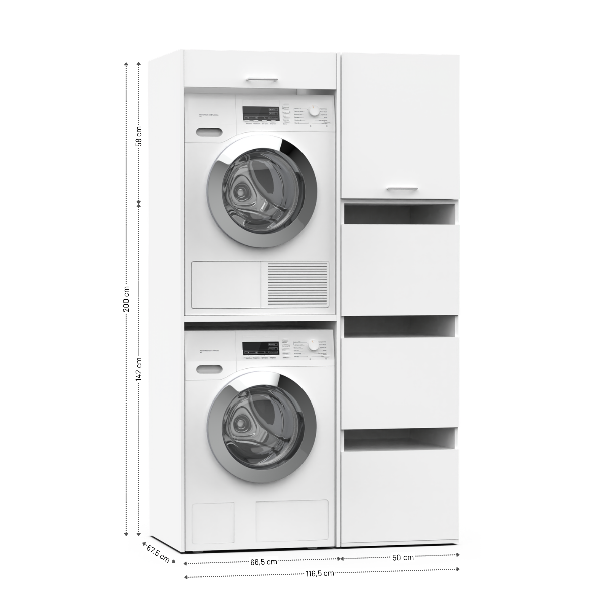 White stackable washer and dryer set with matching tall storage cabinet and open shelves on white background.