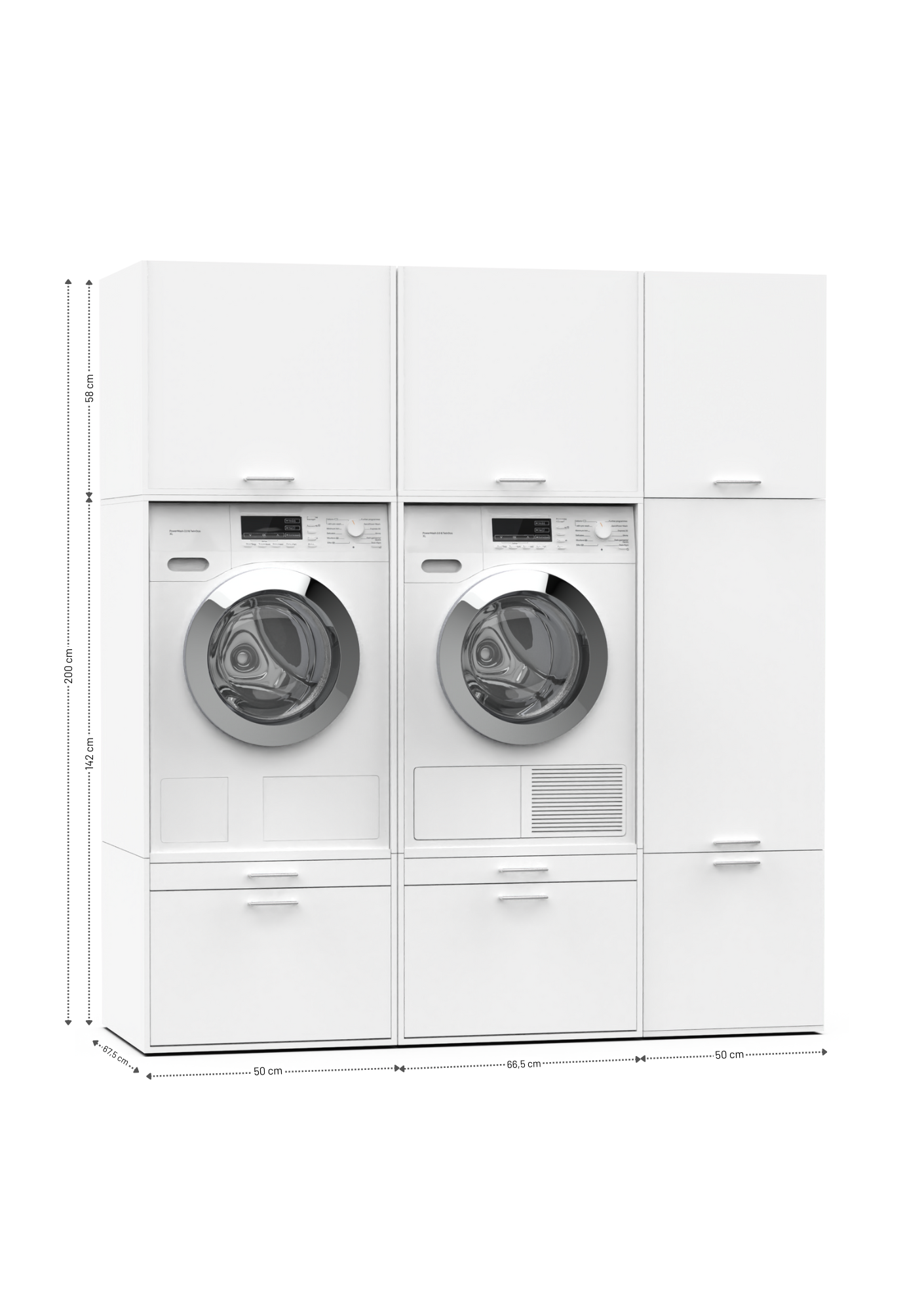 White modular laundry center with front-loading washer and dryer, storage cabinets above and below.