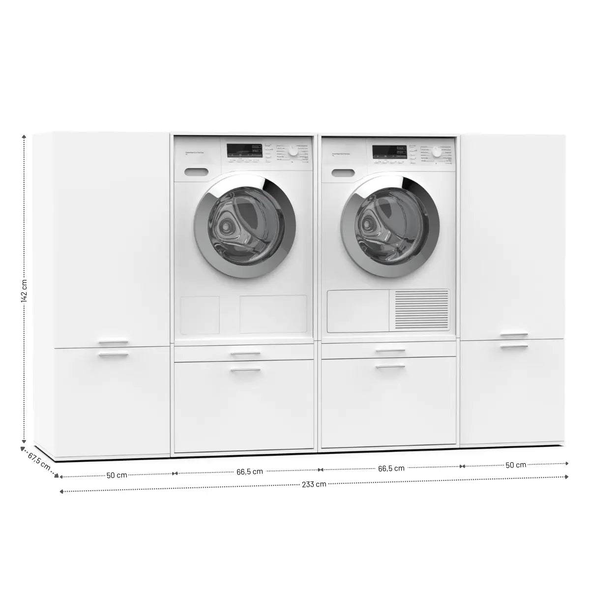 White laundry cabinet set with front-loading washer and dryer, multiple storage compartments, sleek modern design.