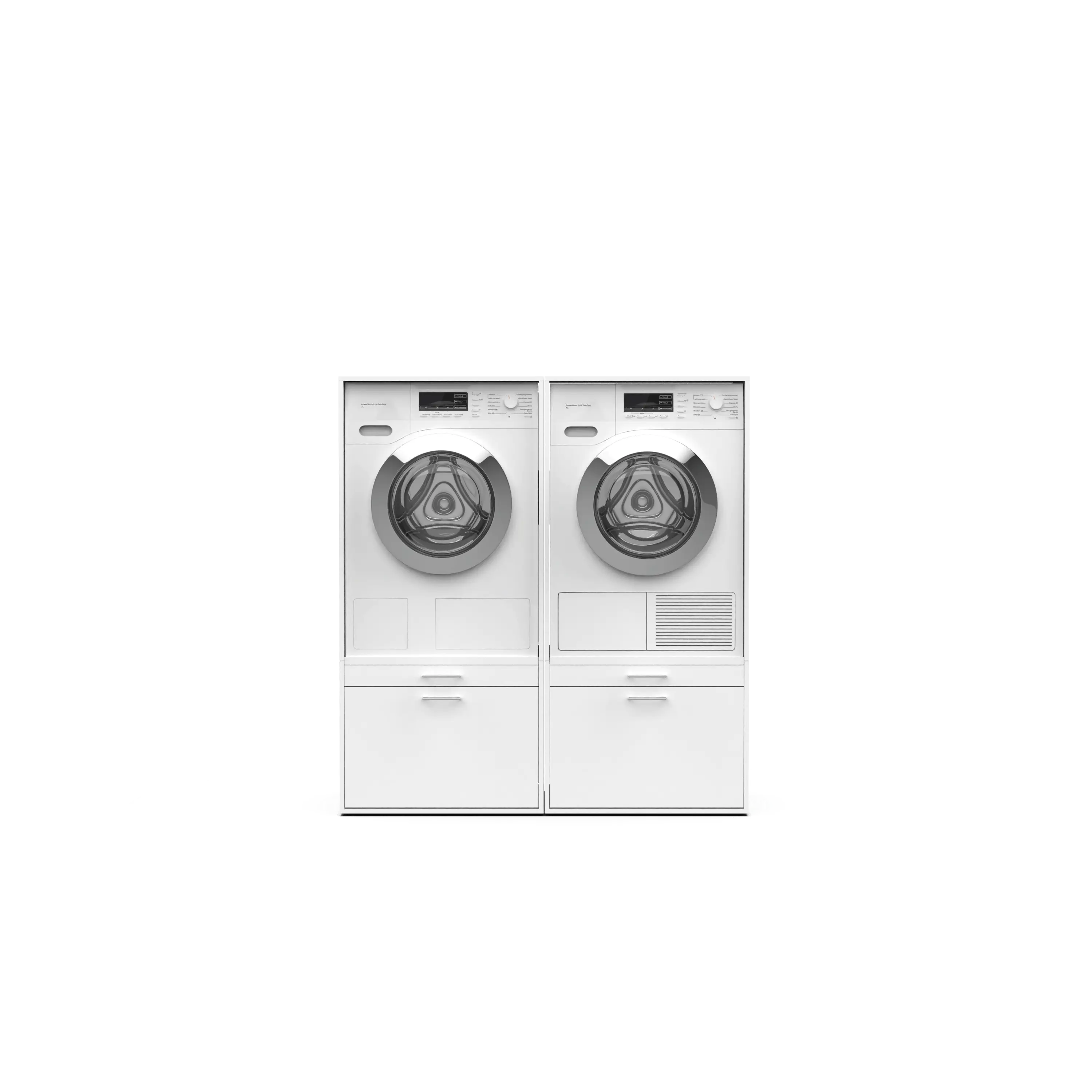White front-load washer and dryer set with digital displays and bottom storage drawers.