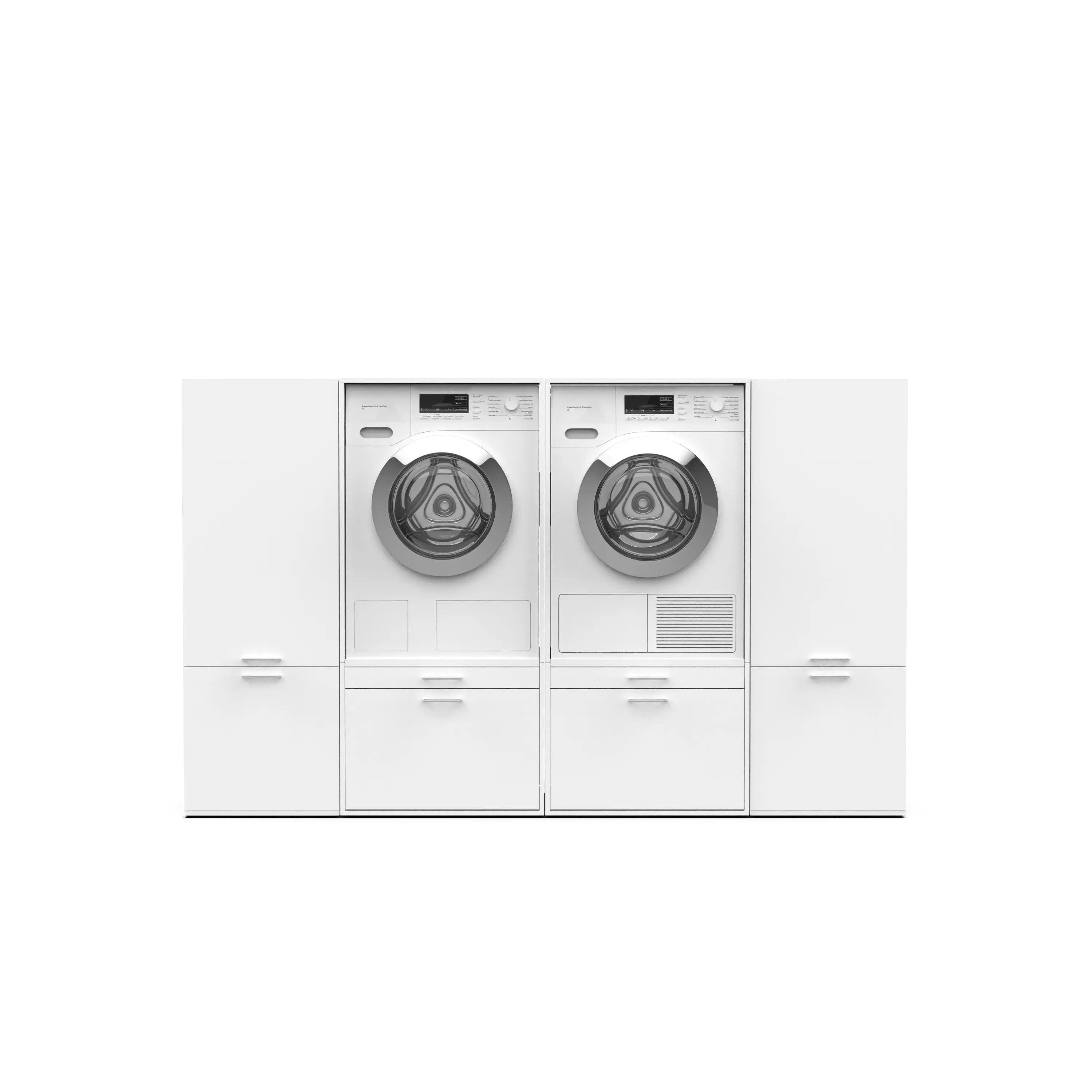 White modular laundry set with front-loading washer and dryer, matching storage cabinets.