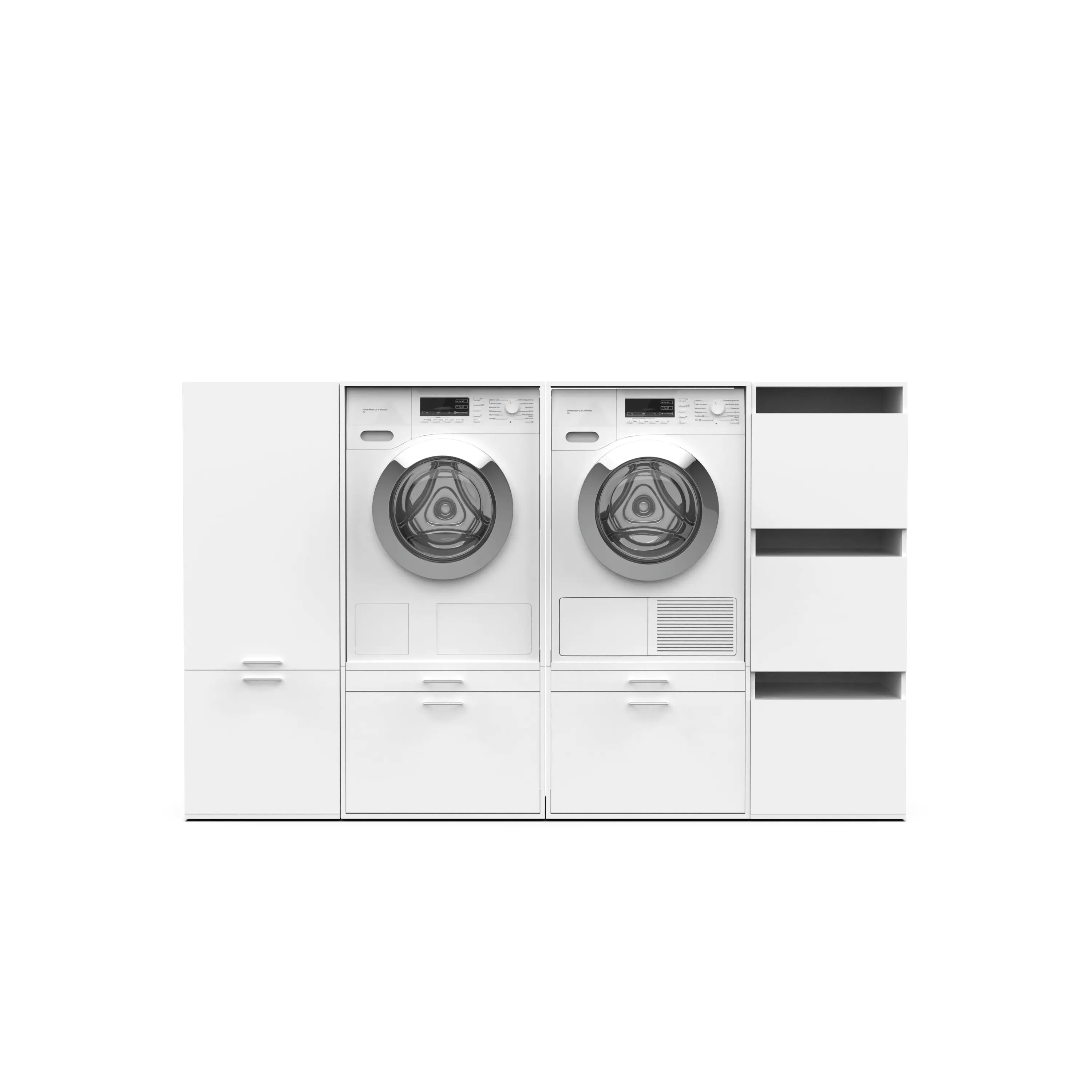 White modular laundry unit with front-load washer and dryer, storage cabinet, and open shelves.
