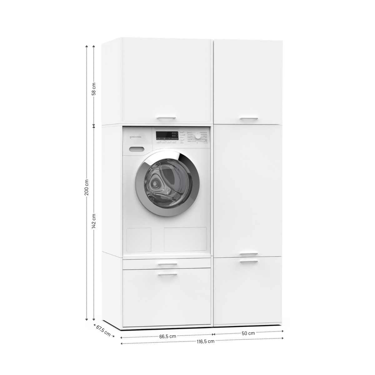 White laundry cabinet set with front-loading washing machine space, two upper doors, and two lower drawers.