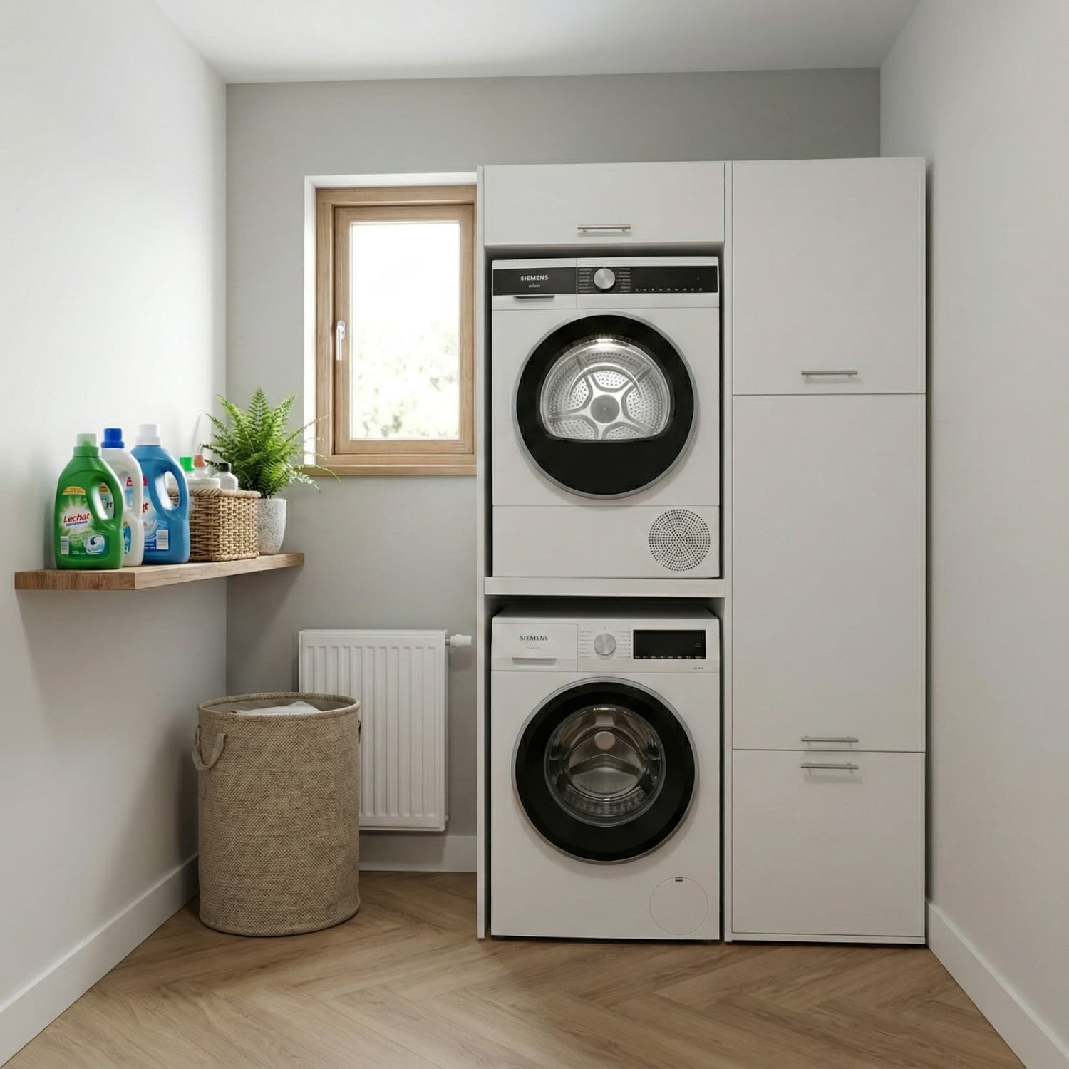 Droger op wasmachine met  opbergkasten