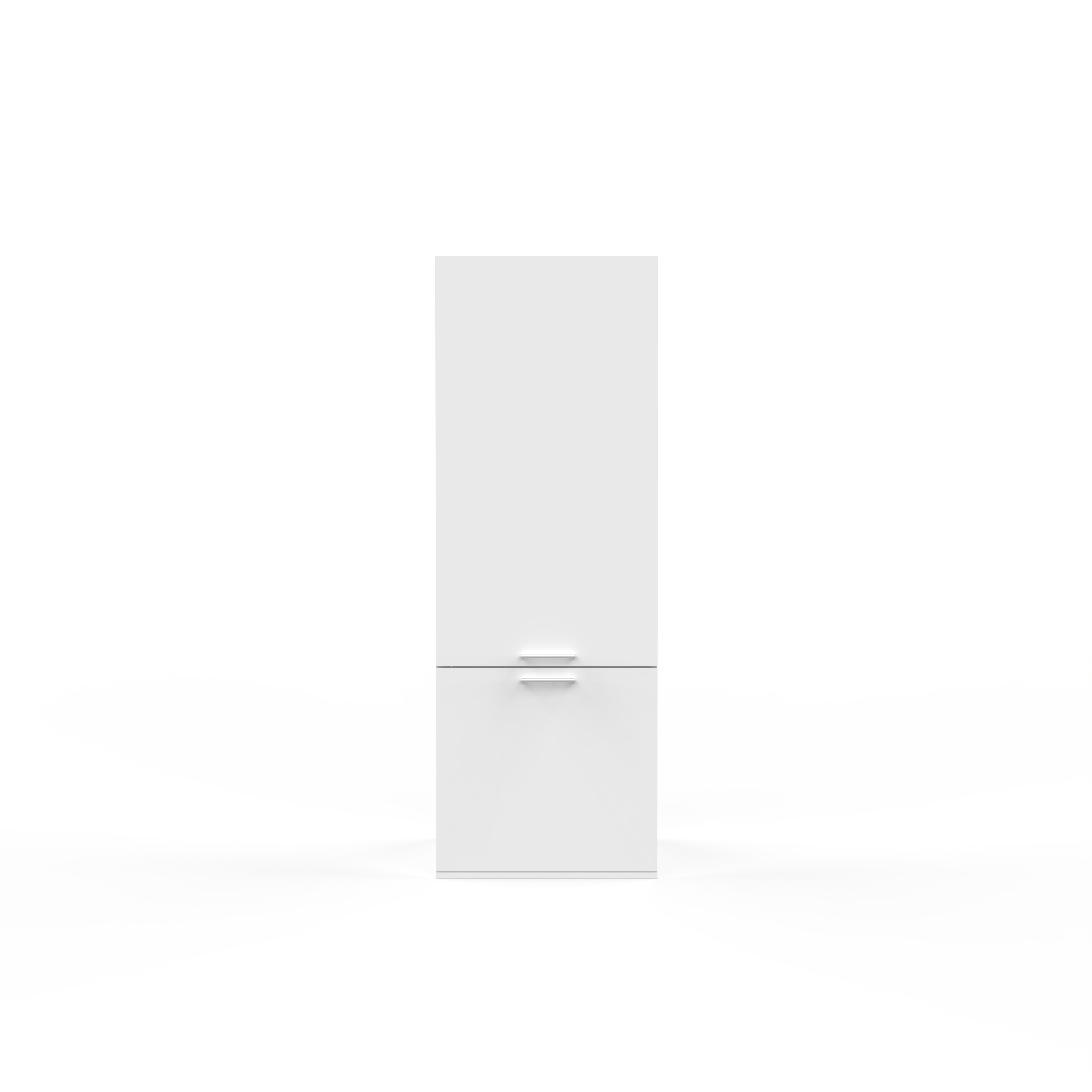 Tall white storage cabinet with single door and slim silver handle on plain background.