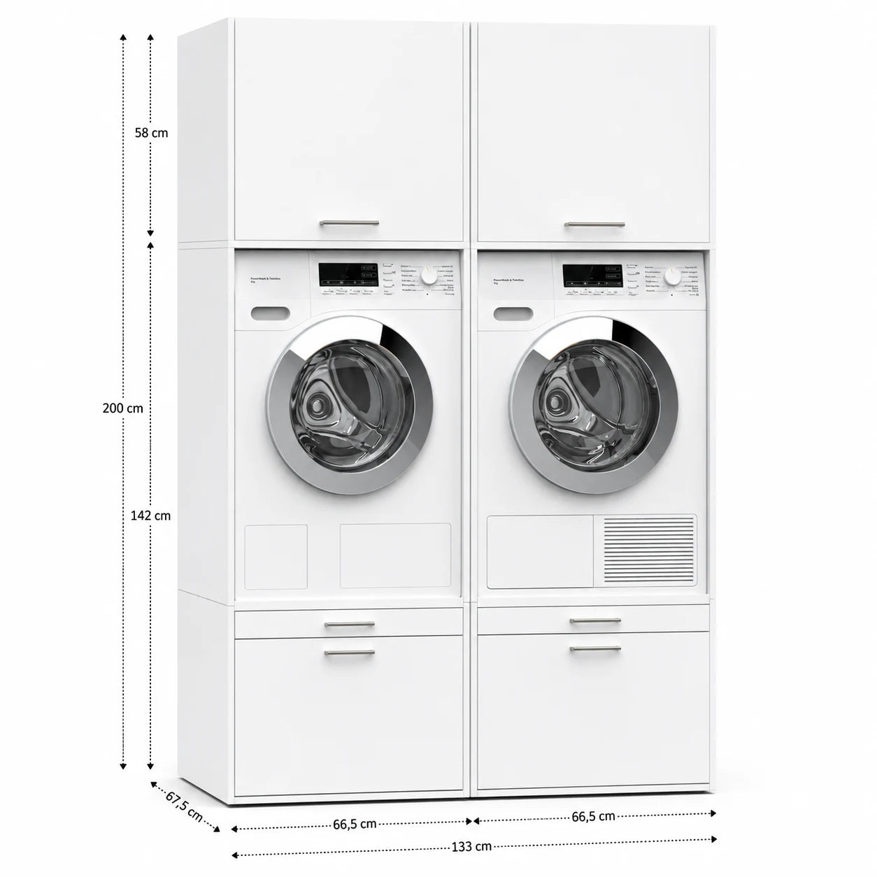 White stacked washer and dryer unit with storage cabinets above and drawers below.