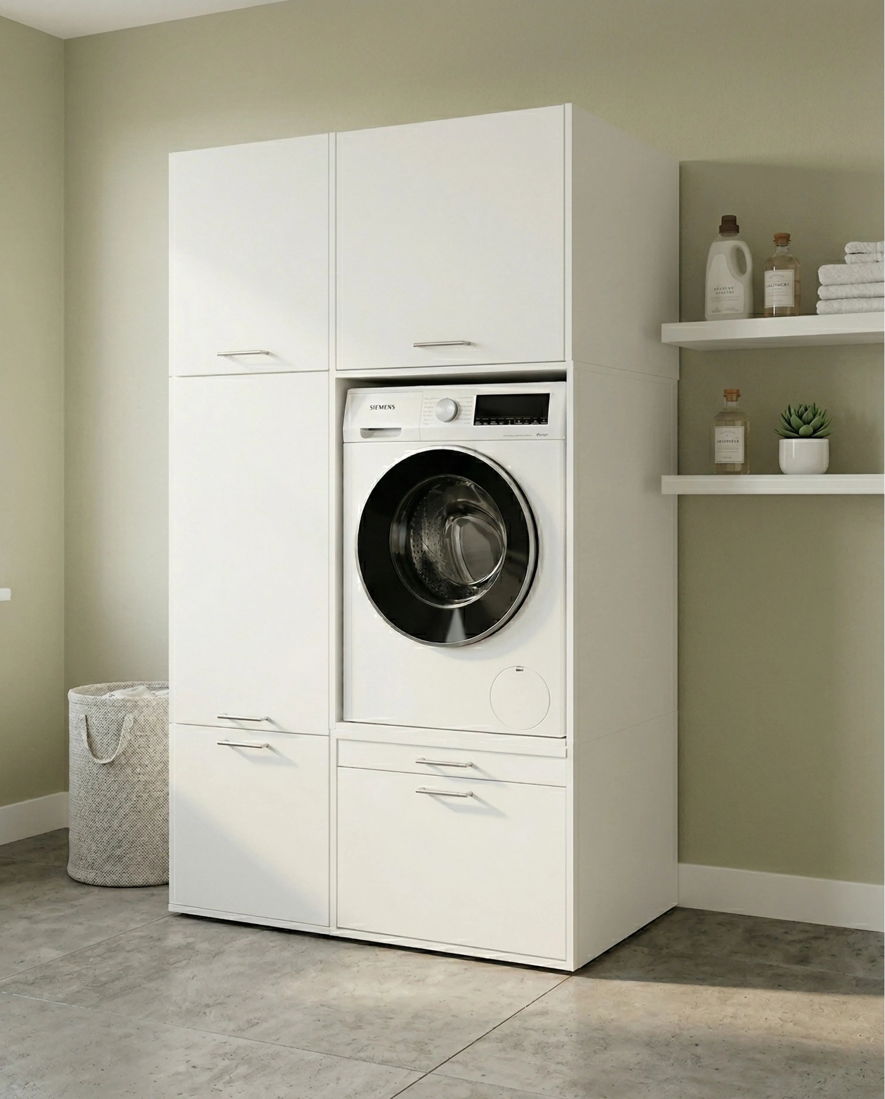 White laundry cabinet with front-loading washing machine and multiple storage compartments in beige room.