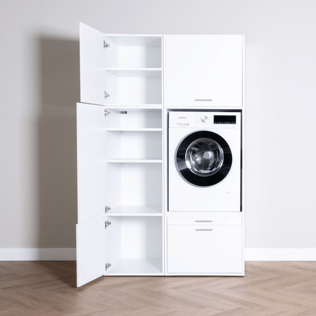 White modern laundry cabinet with open shelving and front-loading washing machine compartment.